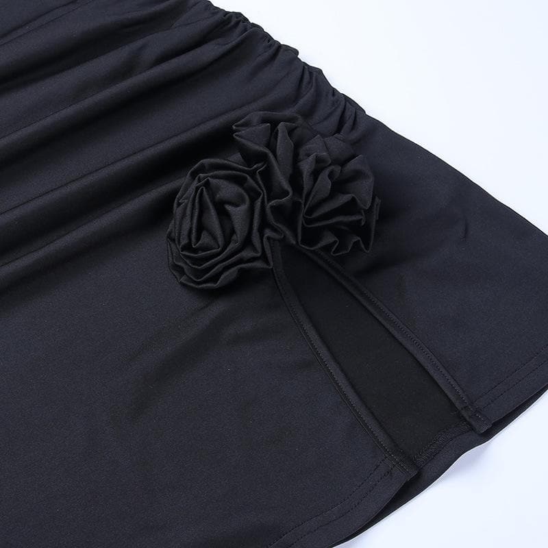 Halter Flower Applique Keyhole Ruched Side Slit Mini Dress