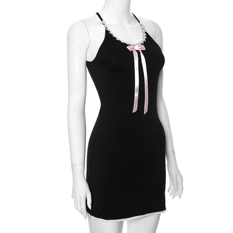 Lace Trim Scoop Neck Ribbon Bow Long Tail Lace Hem Mini Dress