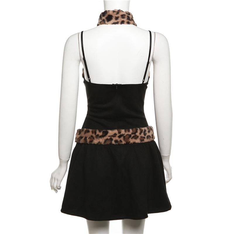Faux Fur Trim Button Down Spaghetti Strap Pleated Mini Dress