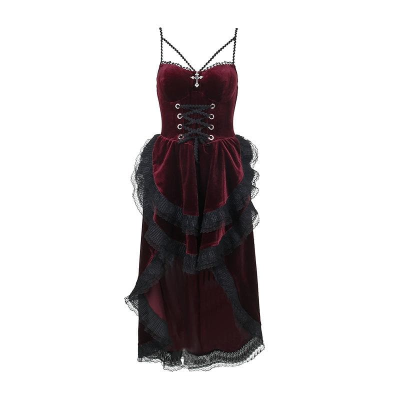 Velvet Lace Up Cross Pendant Tiered High Low Midi Dress