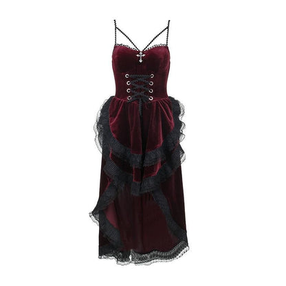 Velvet Lace Up Cross Pendant Tiered High Low Midi Dress
