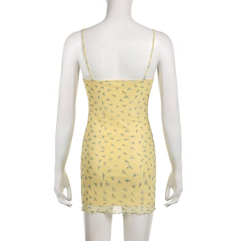 Floral Print Mesh Ruffle Self Tie Cami Mini Dress