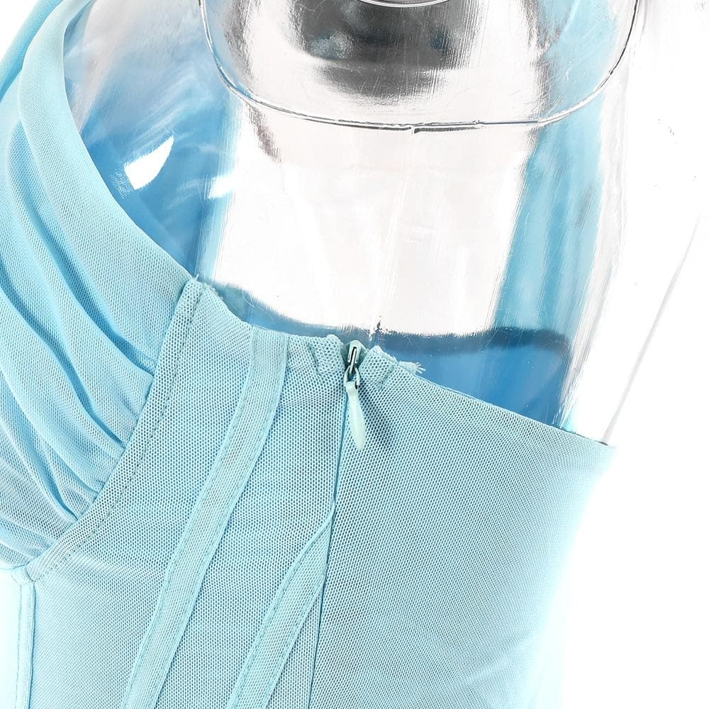 One-Shoulder Corset Panel Side Ruched Mesh Bodycon Mini Dress
