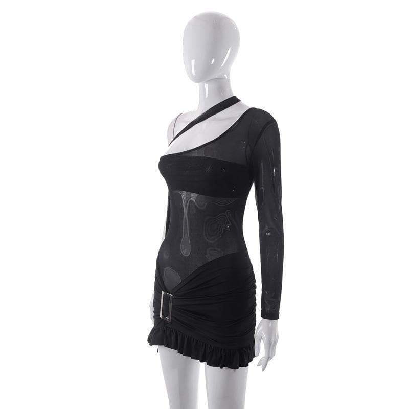 One-Shoulder Sheer Mesh Buckle Detail Side Gathered Ruffle Hem Mini Dress