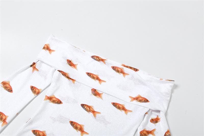 Off Shoulder Foldover Collar Goldfish Print Long Sleeve Bodycon Mini Dress