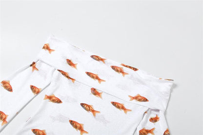 Off Shoulder Foldover Collar Goldfish Print Long Sleeve Bodycon Mini Dress