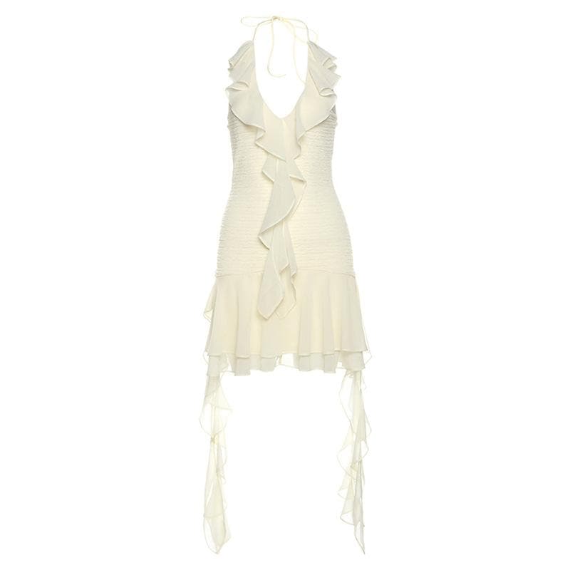 Halter Plunging Ruffle Front Ruched Tiered Asymmetric Mini Dress