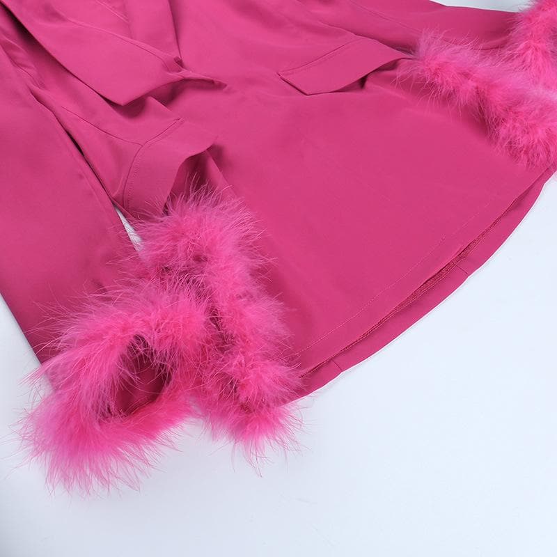 Shawl Collar Feather Trim Longline Blazer Coat
