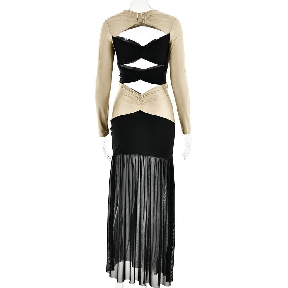 Long Sleeve Cutout Contrast Panel Ruched Waist Sheer Mermaid Maxi Dress