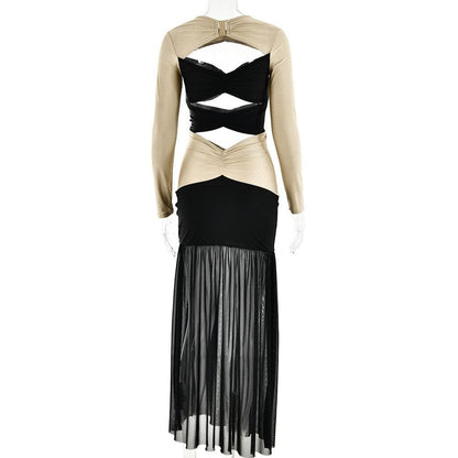 Long Sleeve Cutout Contrast Panel Ruched Waist Sheer Mermaid Maxi Dress