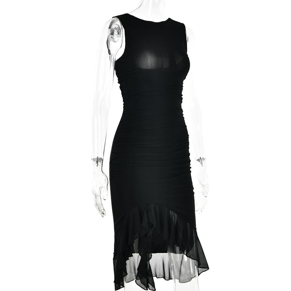 Ruched Sleeveless Ruffle Zip Up Backless Midi Dress