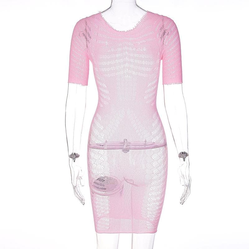 Crew Neck Short Sleeve Fishnet Mesh Hollow Out Bodycon Mini Dress