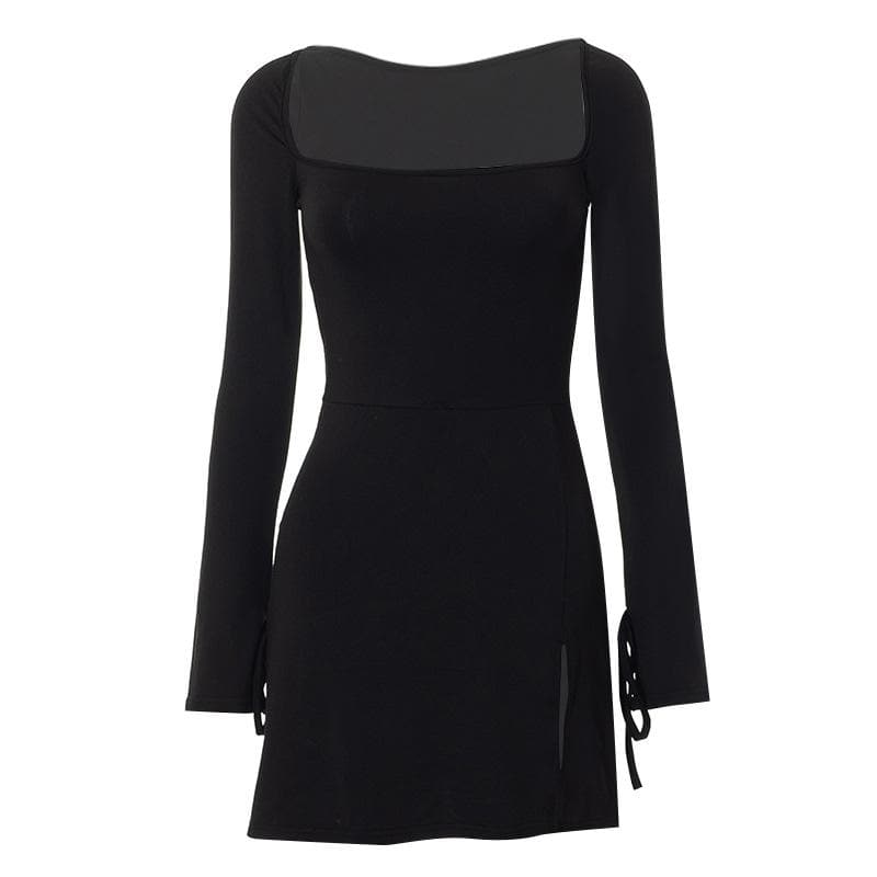 Square Neck Long Sleeve Tie Cuff Front Slit Bodycon Mini Dress