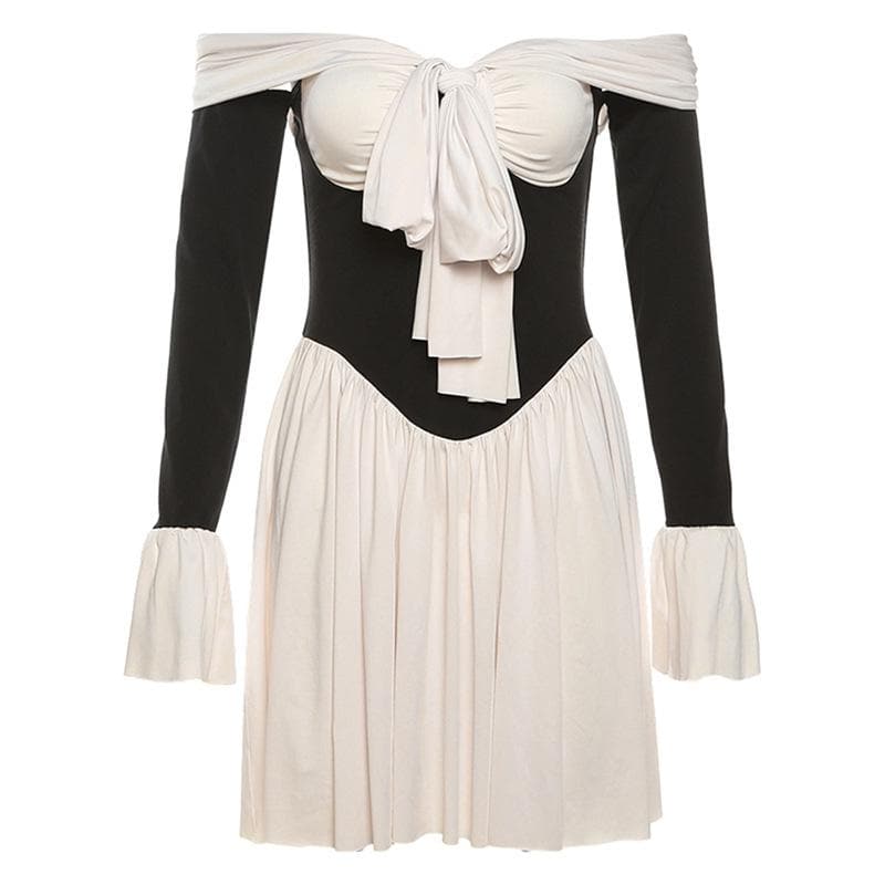 Off Shoulder Sweetheart Ruched Bell Cuff Corset Waist Pleated Mini Dress