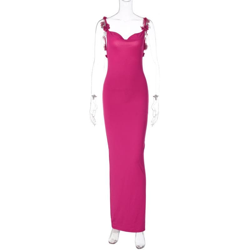 Spaghetti Strap Rosette Applique Open Back Bodycon Maxi Dress