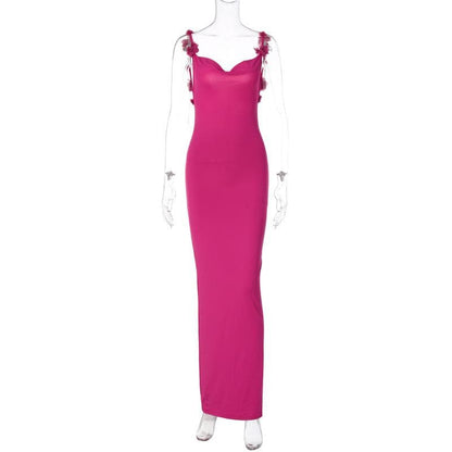 Spaghetti Strap Rosette Applique Open Back Bodycon Maxi Dress