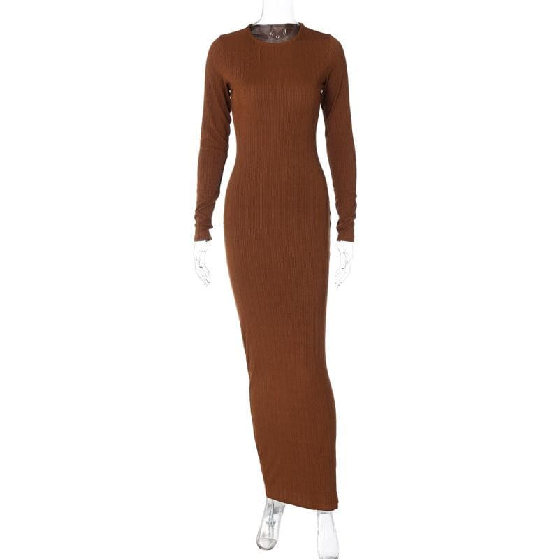 Ribbed Knit Crew Neck Long Sleeve Bodycon Maxi Dress