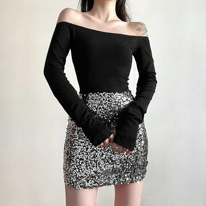 Off Shoulder Sequin Skirt Thumbhole Long Sleeve Bodycon Mini Dress