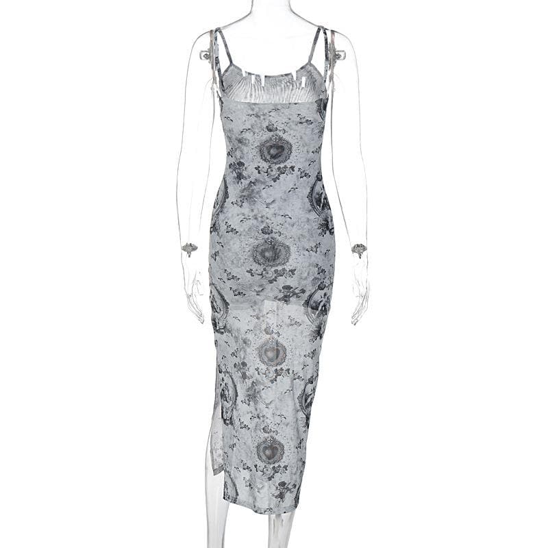 Baroque Heart Cherub Print Square Neck Spaghetti Strap Bodycon Maxi Dress