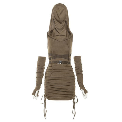 Hooded Sleeveless Utility Buckle Strap Drawstring Ruched Gloves Mini Dress