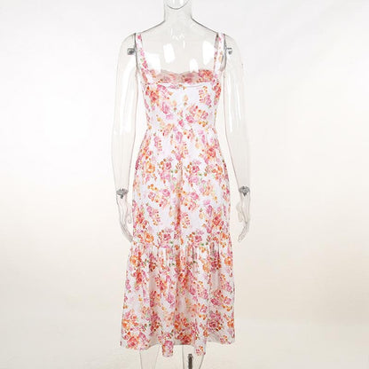 Floral Print Square Neck Wide Strap Corset Bodice Tiered Ruffle Hem Midi Dress