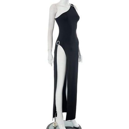 One Shoulder Rhinestone Ring High Slit Bodycon Maxi Dress