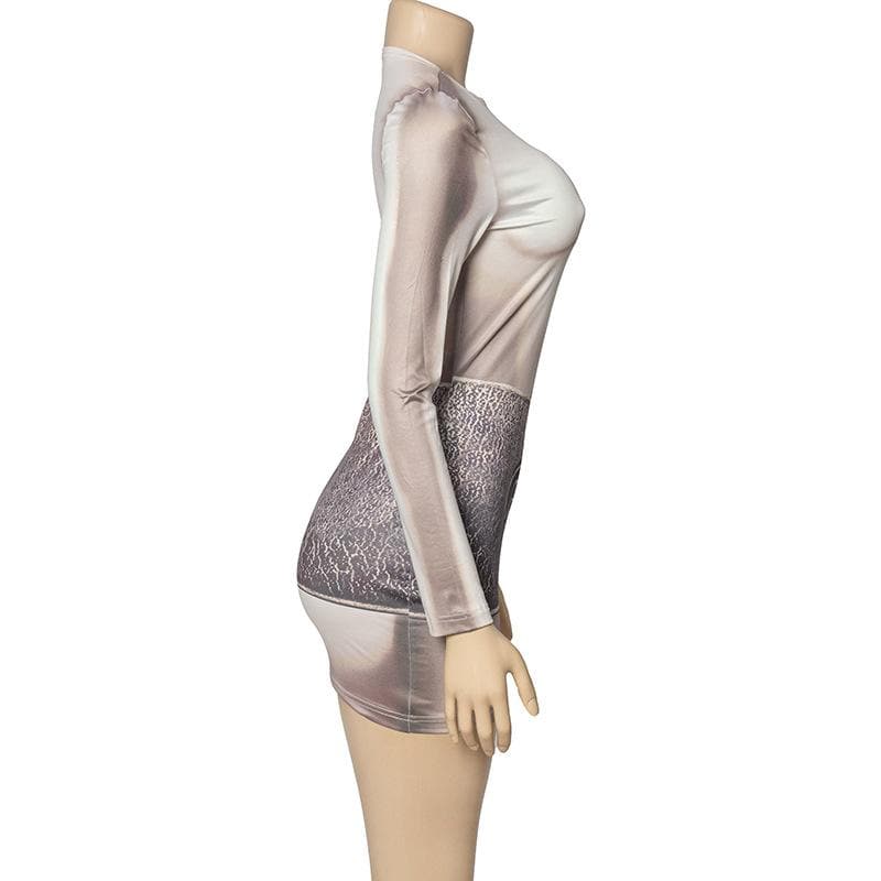 Crew Neck Trompe L Oeil Torso Graphic Belt Band Bodycon Mini Dress