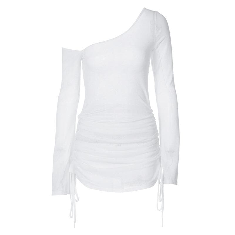 Chiffon One Shoulder Drawstring Side Ruched Long Sleeve Bodycon Mini Dress