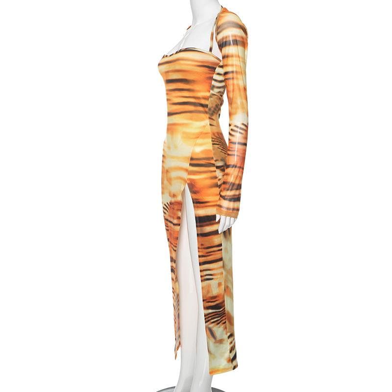 Tiger Print Spaghetti Strap Thigh Slit Bodycon Maxi Dress with Long Sleeve Shrug