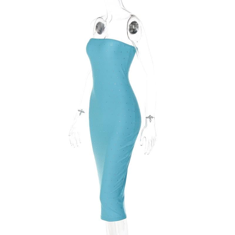 Rhinestone Grid Strapless Bodycon Midi Dress