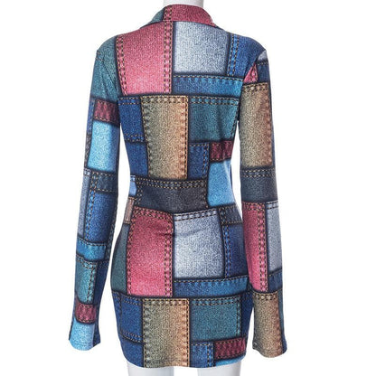Collared Long Sleeve Button Front Denim Patchwork Mini Shirt Dress