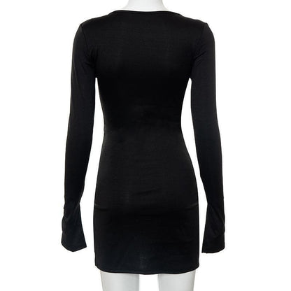 Deep V Neck Long Sleeve Dual Front Slit Bodycon Mini Dress