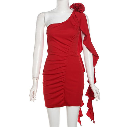 One Shoulder Rosette Ruffle Cascade Ruched Bodycon Mini Dress
