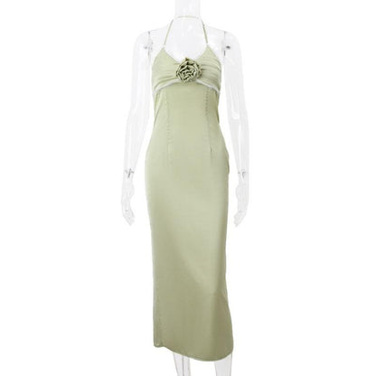 Halter Neck Applique Lace Trim Ruched Satin Column Maxi Dress