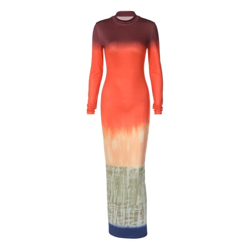 Tie Dye Print Mock Neck Long Sleeve Bodycon Maxi Dress