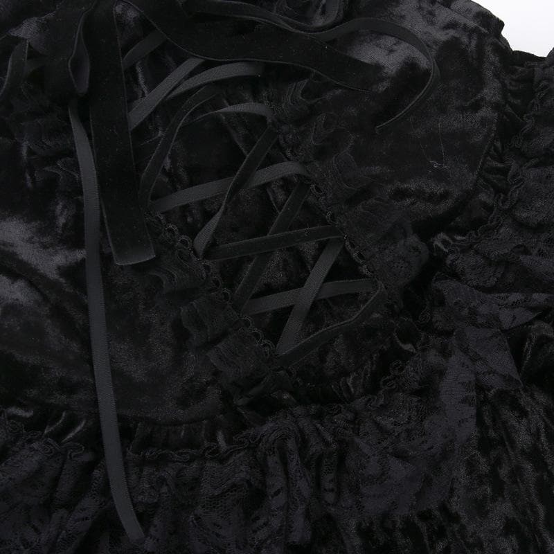 Sleeveless Velvet Lace Hem Ruffle Lace-Up Mini Dress