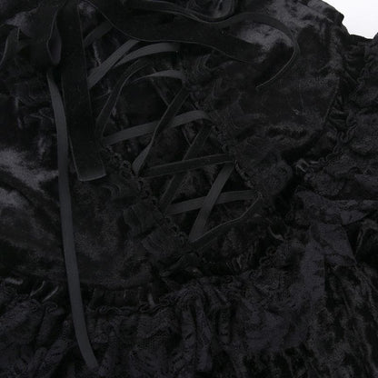 Sleeveless Velvet Lace Hem Ruffle Lace-Up Mini Dress