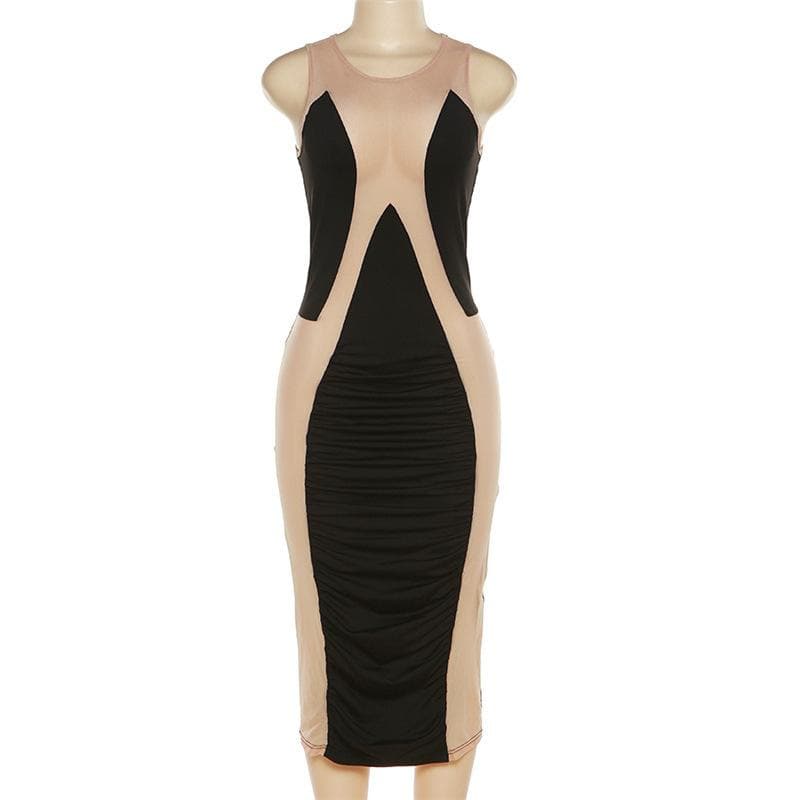 Round Neck Sleeveless Mesh Panel Ruched Illusion Bodycon Midi Dress