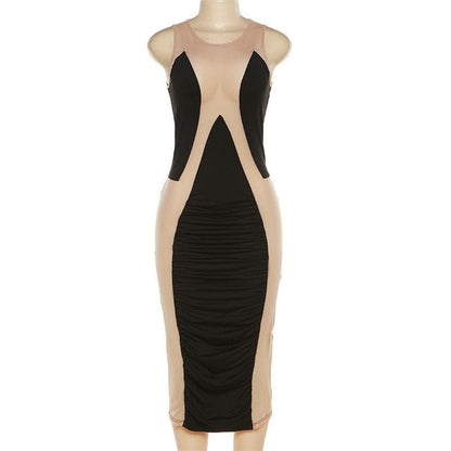 Round Neck Sleeveless Mesh Panel Ruched Illusion Bodycon Midi Dress