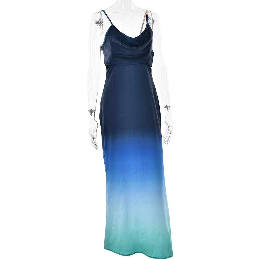 Satin Cowl Neck Spaghetti Strap Gradient Ombre Maxi Dress