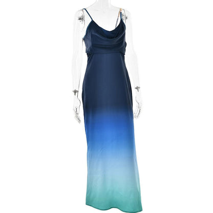 Satin Cowl Neck Spaghetti Strap Gradient Ombre Maxi Dress