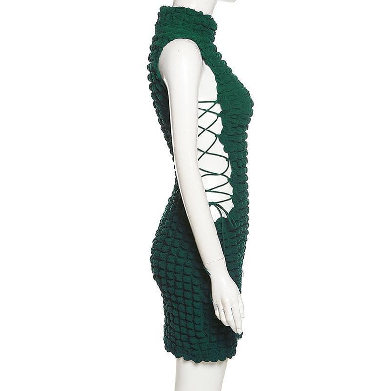 Mock Neck Sleeveless Popcorn Knit Side Lace-Up Cutout Mini Dress