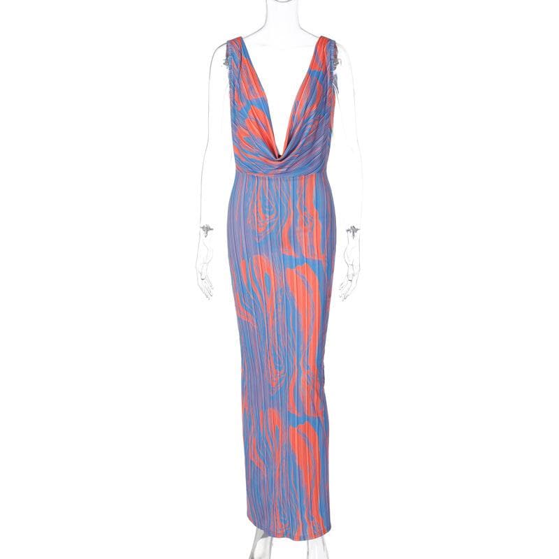Spaghetti Strap Cowl Neck Abstract Marbled Print Bodycon Maxi Dress