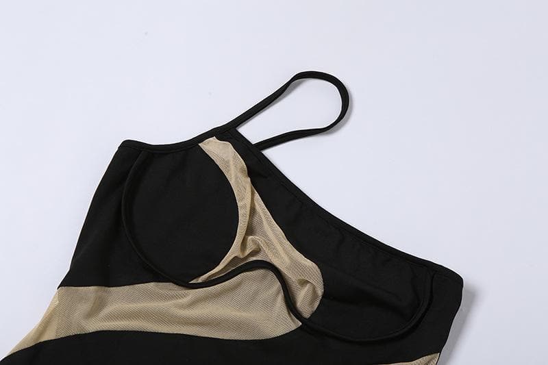 One Shoulder Mesh Panel Cutout Asymmetric Hem Bodycon Mini Dress
