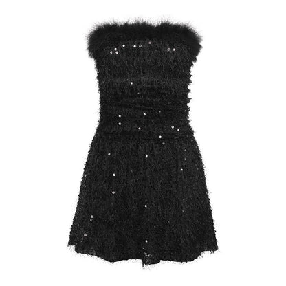 Strapless Feather Trim Eyelash Sequin Tube Mini Dress