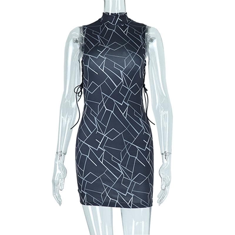 Mock Neck Geometric Print Side Lace Up Bodycon Mini Dress