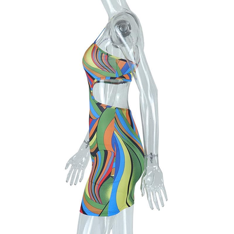 Asymmetrical Strap Oval Waist Cutout Abstract Swirl Print Bodycon Mini Dress
