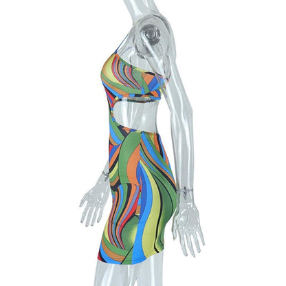 Asymmetrical Strap Oval Waist Cutout Abstract Swirl Print Bodycon Mini Dress