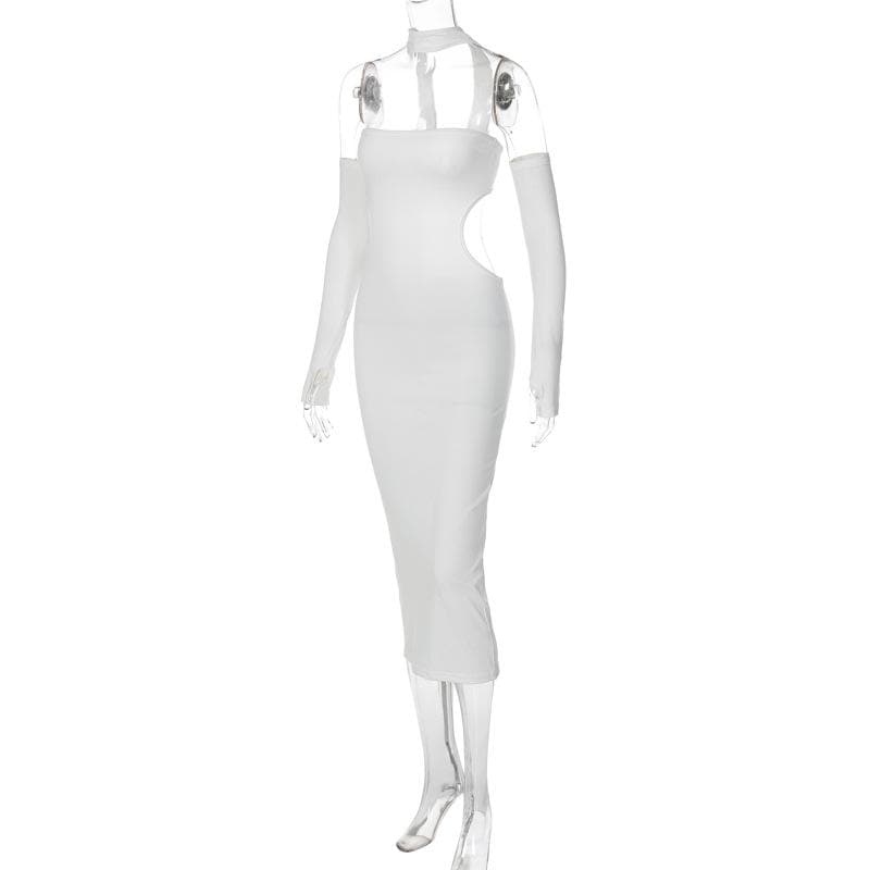 Halter Choker Glove Thumbhole Side Cutout Backless Midi Dress
