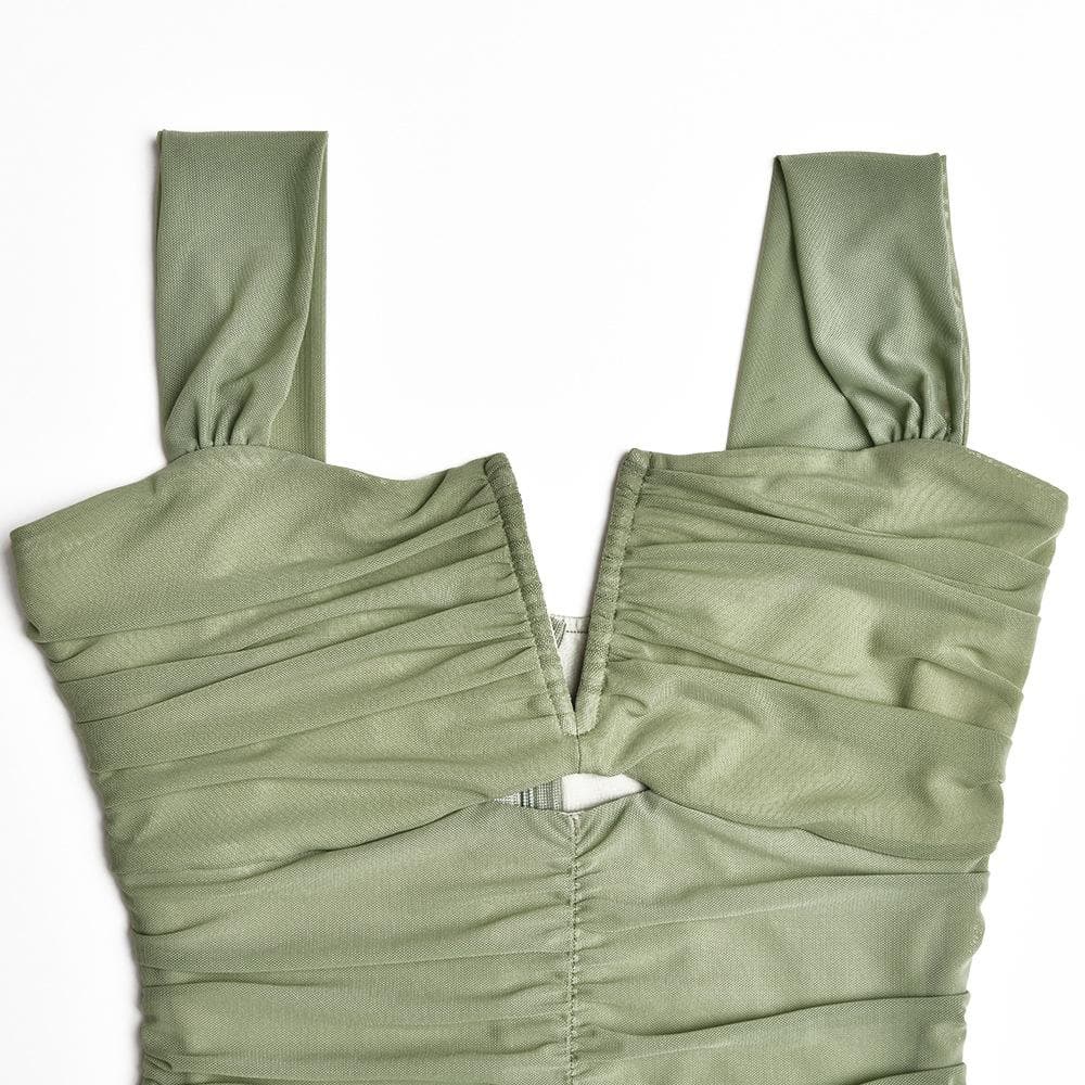 Wide Strap Cutout Bust Ruched Bodice Tiered Mesh Ruffle Hem Maxi Dress